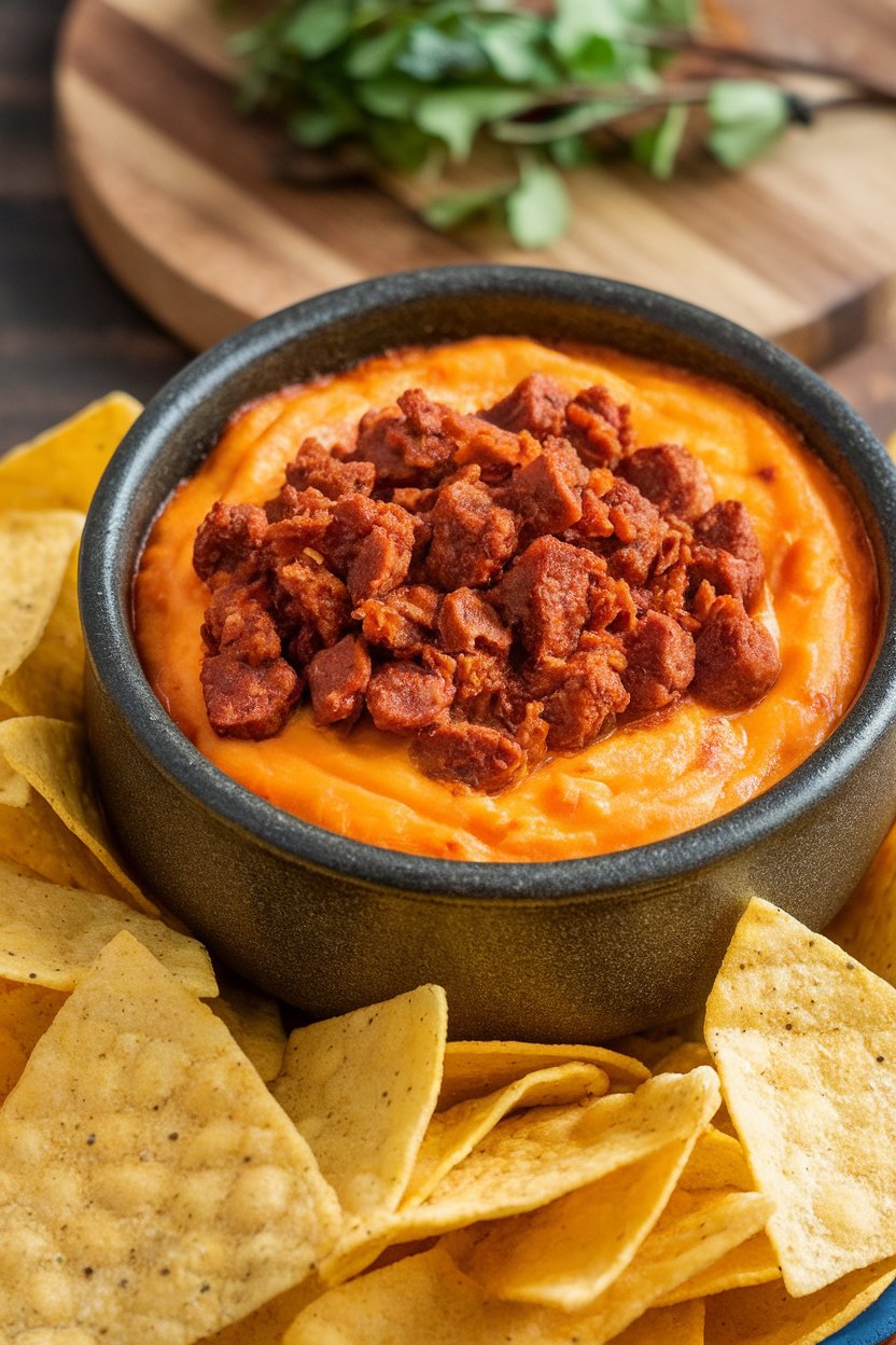 Indoor photo of a stoneware bowl of molten cheese dip dotted with cooked Andouille sausage crumbles, tortilla chips alongside; no text or logos