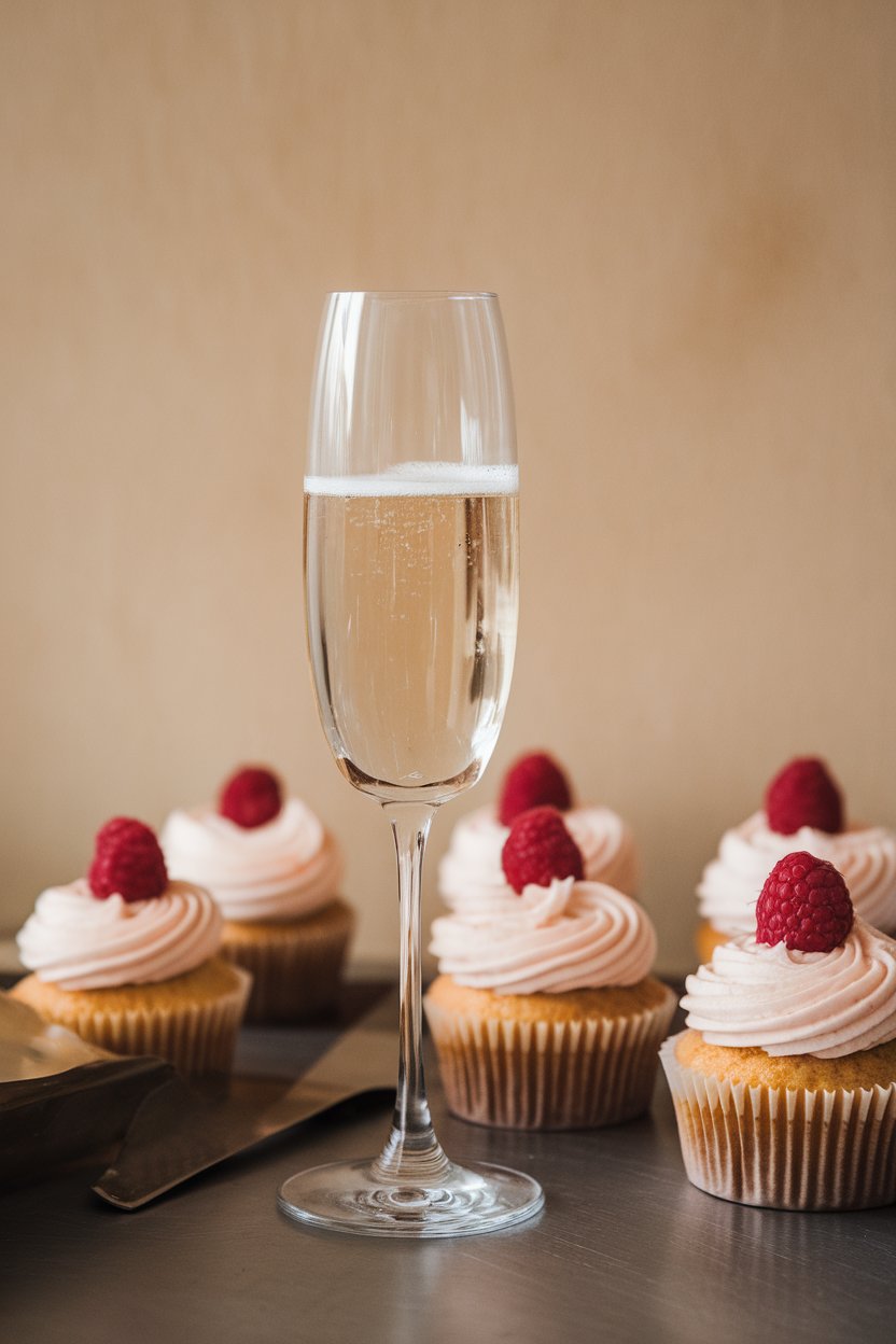 Champagne flute backdrop with cupcakes topped with pale pink buttercream and a single raspberry, staged indoors. No branding.