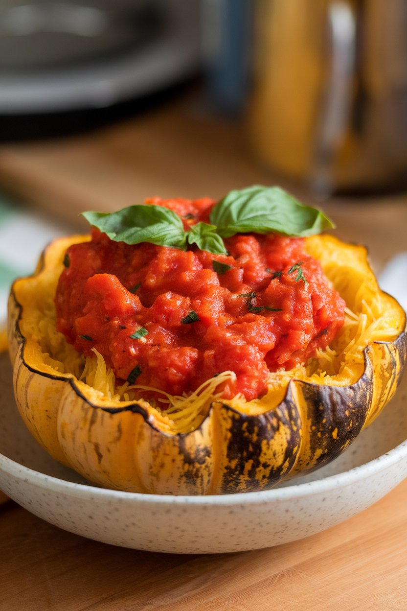Indoor photo of a bowl of roasted spaghetti squash strands topped with chunky tomato basil sauce. No text or logos.
