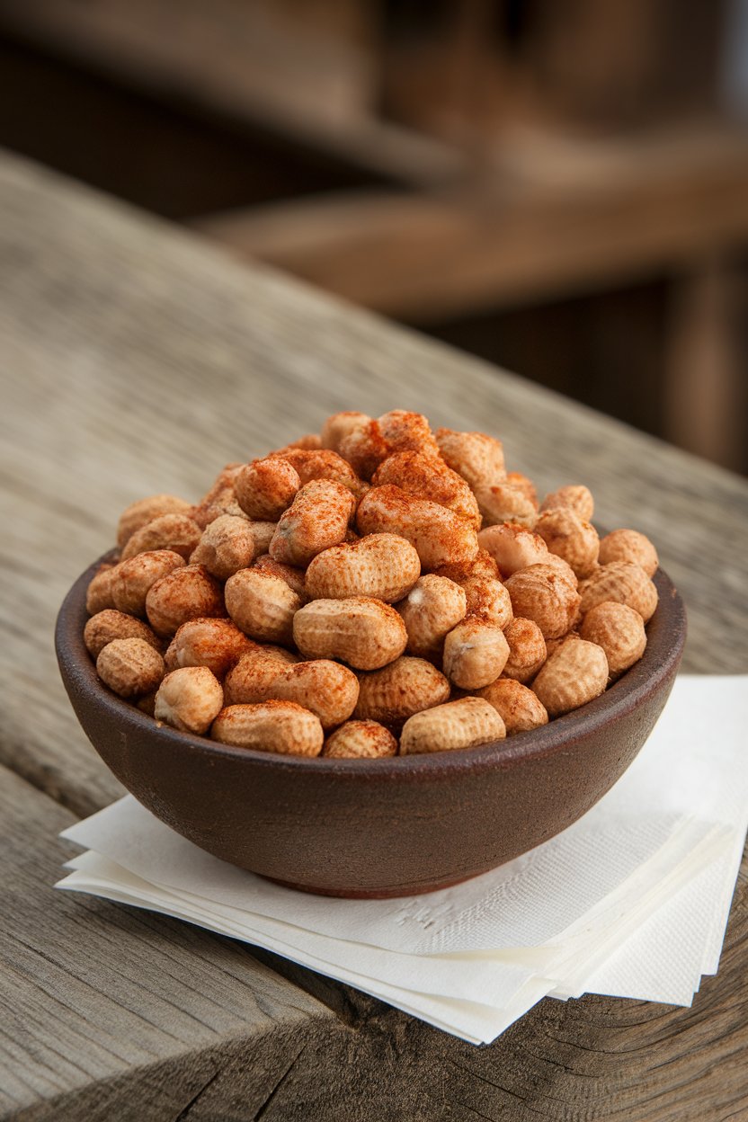 Indoor photo of a bowl of seasoned boiled peanuts with visible Cajun spices, paper napkins nearby; no text or logos.