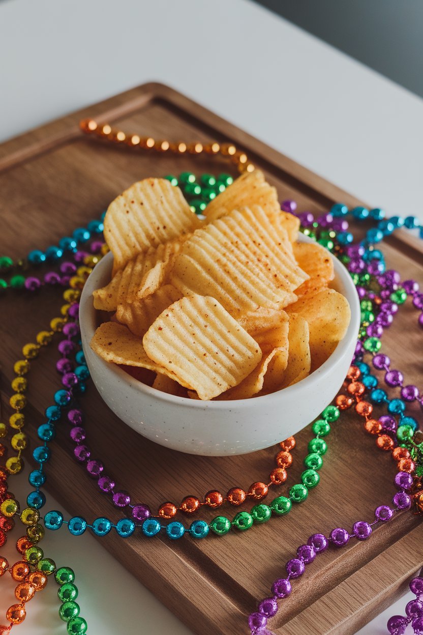 An indoor snack bowl filled with ridged potato chips seasoned with visible spice flecks; brightly colored Mardi Gras beads around the bowl. No text or logos showing brand. Photo.