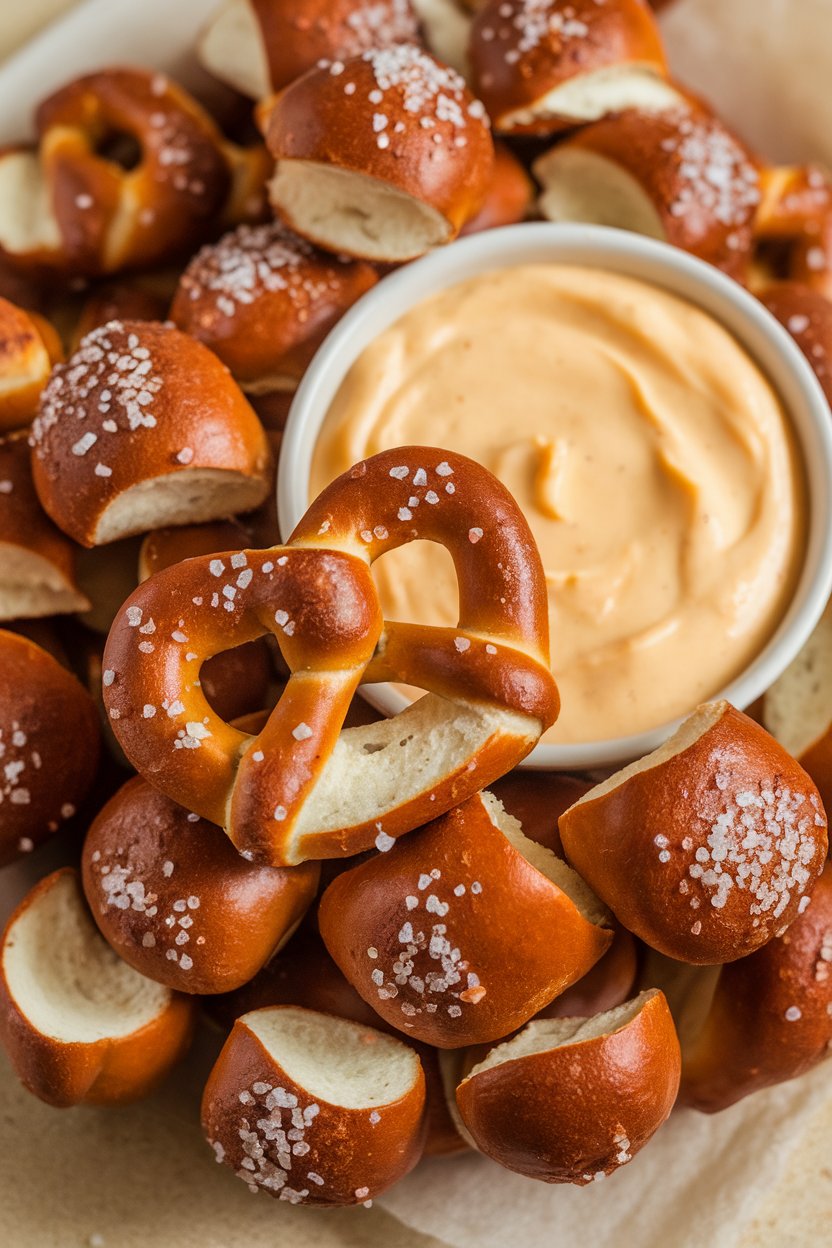 Indoor photo of soft pretzel bites sprinkled with coarse salt, accompanied by a bowl of creamy beer cheese dip; no text or logos
