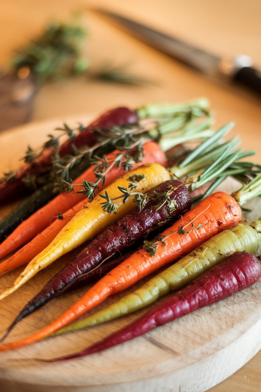 Indoor photo of multi-colored baby carrots roasted with thyme, rosemary, and parsley, no text or logos