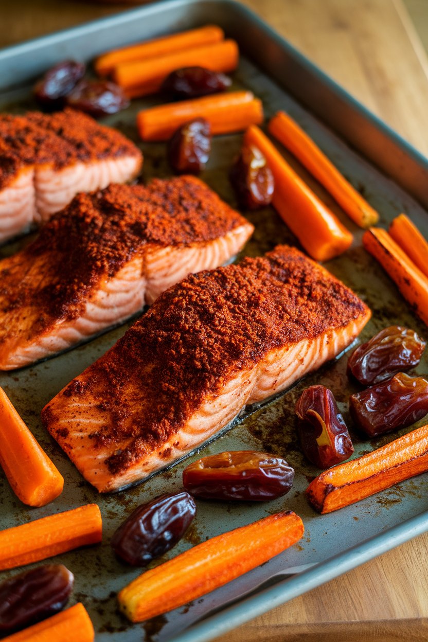 Indoor photo of harissa-rubbed salmon fillets, roasted carrot sticks, and chopped dates sprinkled across a sheet pan; warm light, no text or logos