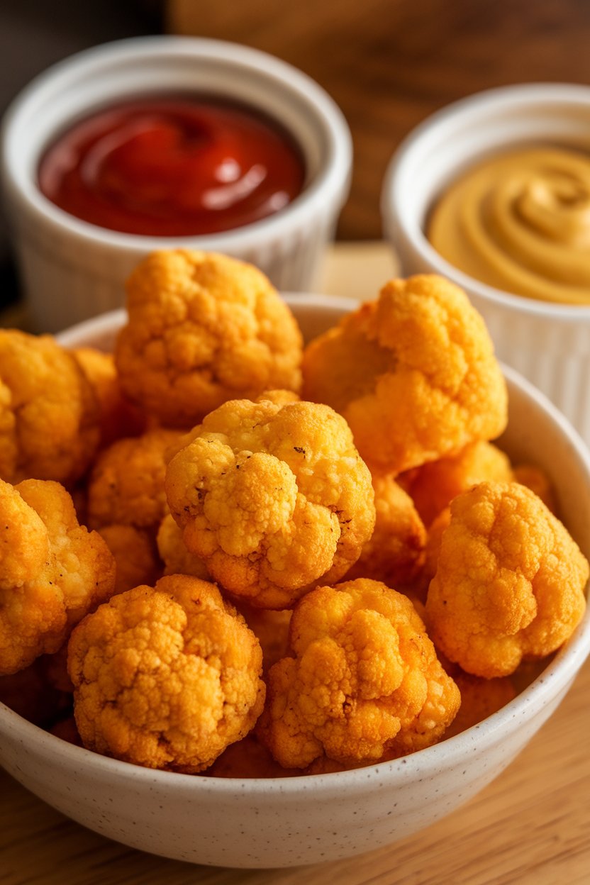 Photo prompt: Indoor bowl of golden cauliflower tots with ketchup and mustard ramekins beside it. No text or logos. Photo, not illustration.