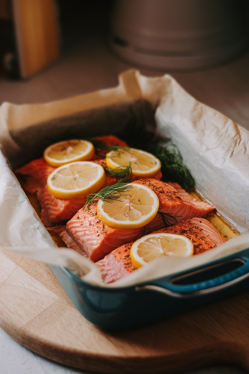 A parchment-lined baking dish of cooked salmon fillets topped with lemon slices and fresh dill, photographed indoors with warm, directional light. No raw fish, text, or logos.