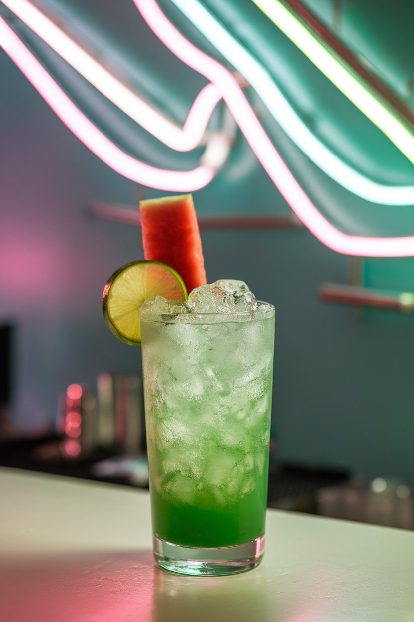 Photo of a highball glass indoors holding vivid green cocktail with crushed ice, watermelon spear and lime wheel garnish, fun neon bar lighting, no text or logos