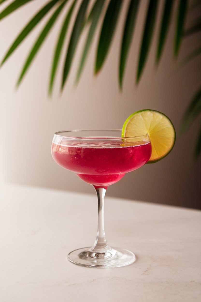 Photo of a coupe indoors showing vivid magenta daiquiri, floating lime wheel, minimalist cocktail bar setting, no text or logos