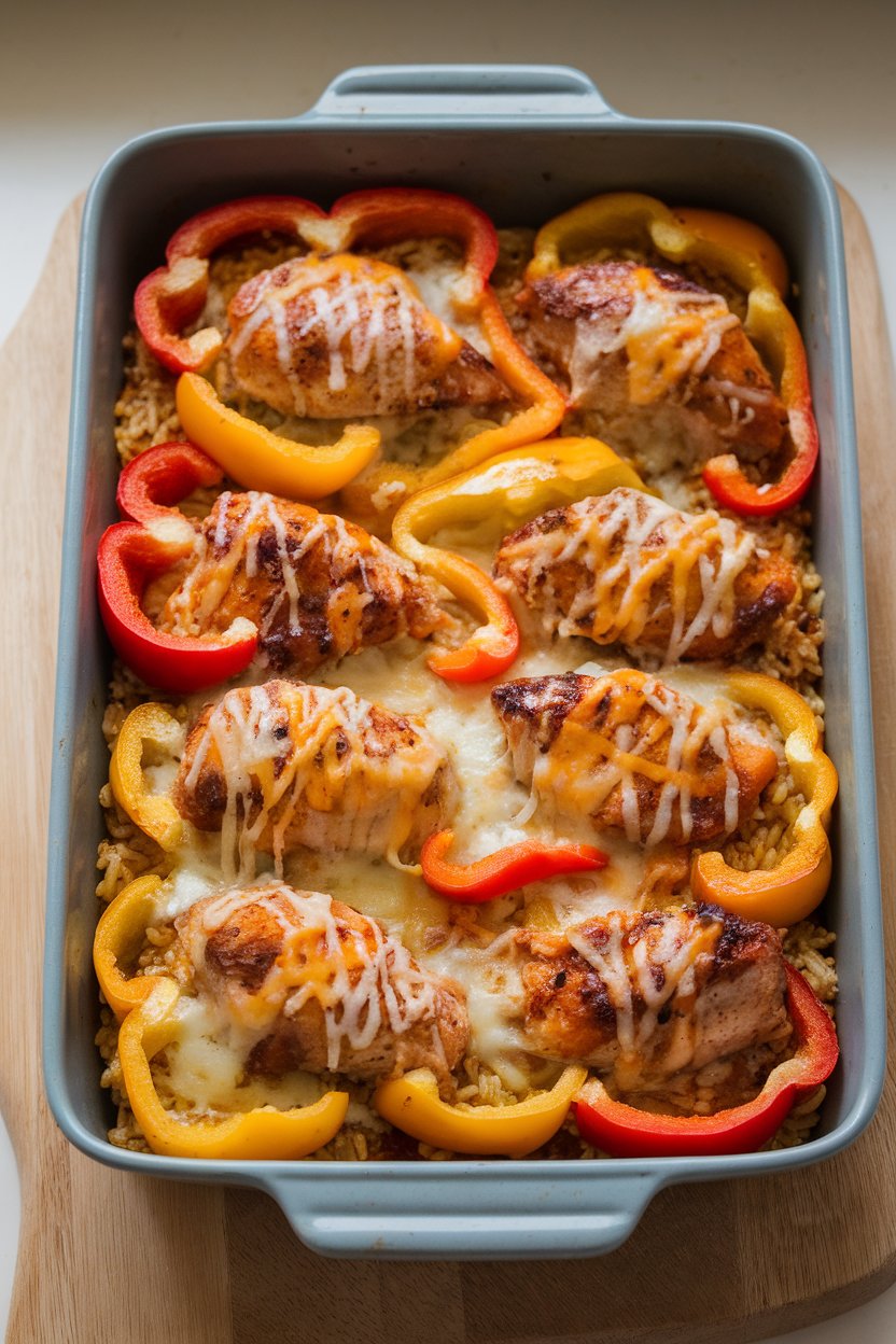Indoor baking dish of halved bell peppers brimming with fajita-seasoned chicken and rice, cheese melting on top. No text or logos.