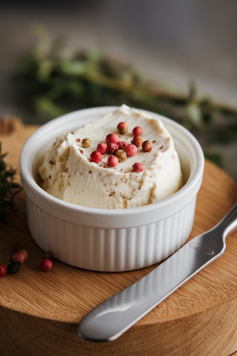Indoor ramekin of creamy goat cheese flecked with pink peppercorns, spreader knife alongside. Photo, no text or logos.