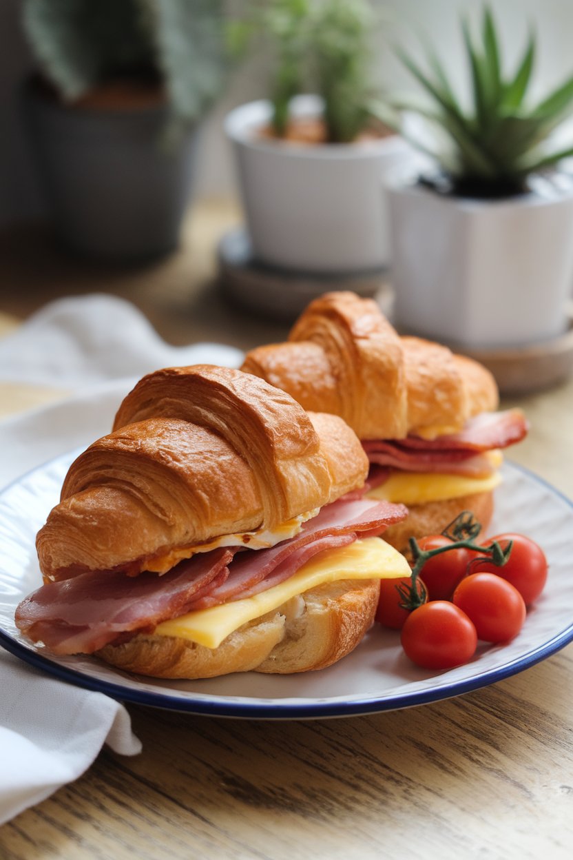 Indoor café plate showing flaky croissants filled with Canadian bacon, Swiss cheese, and egg, no logos.