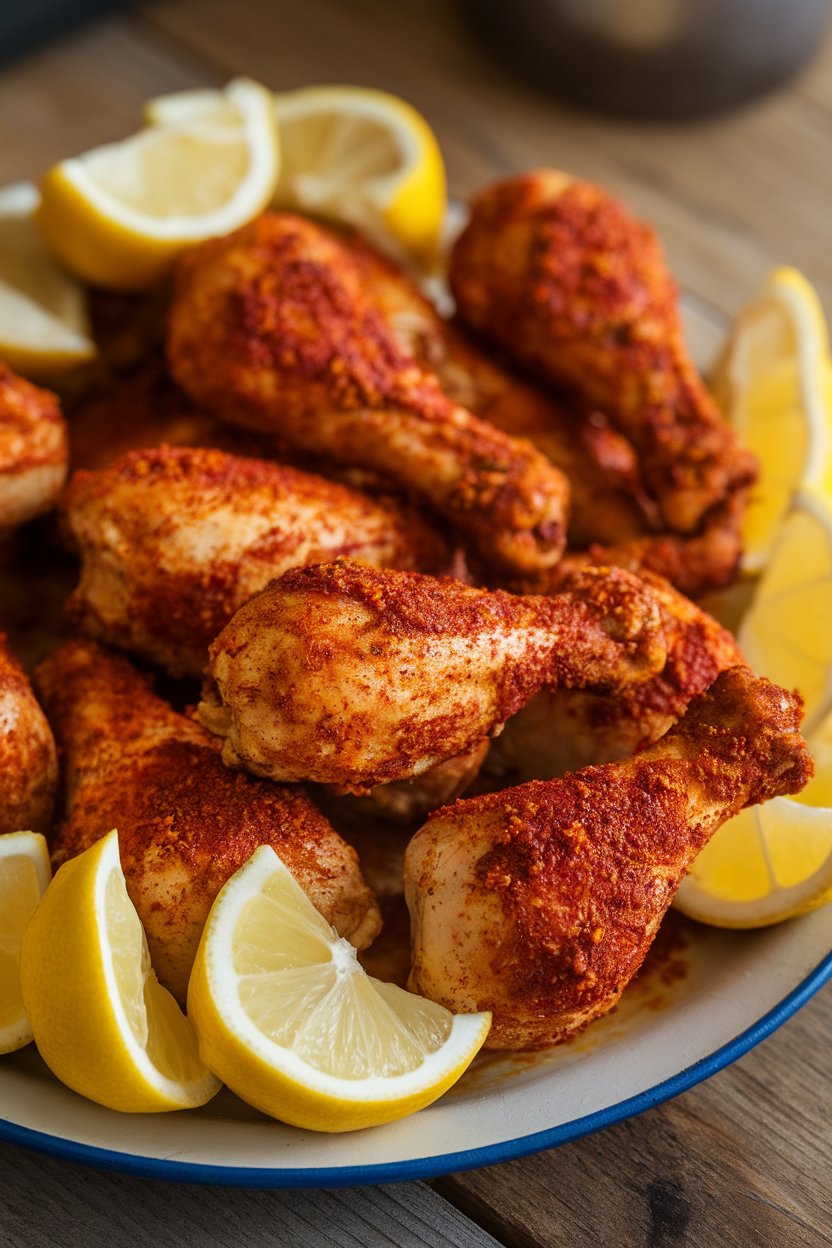 Indoor platter of baked chicken drumettes coated in reddish Cajun spices, garnished with lemon wedges, no text or logos. Photo only.