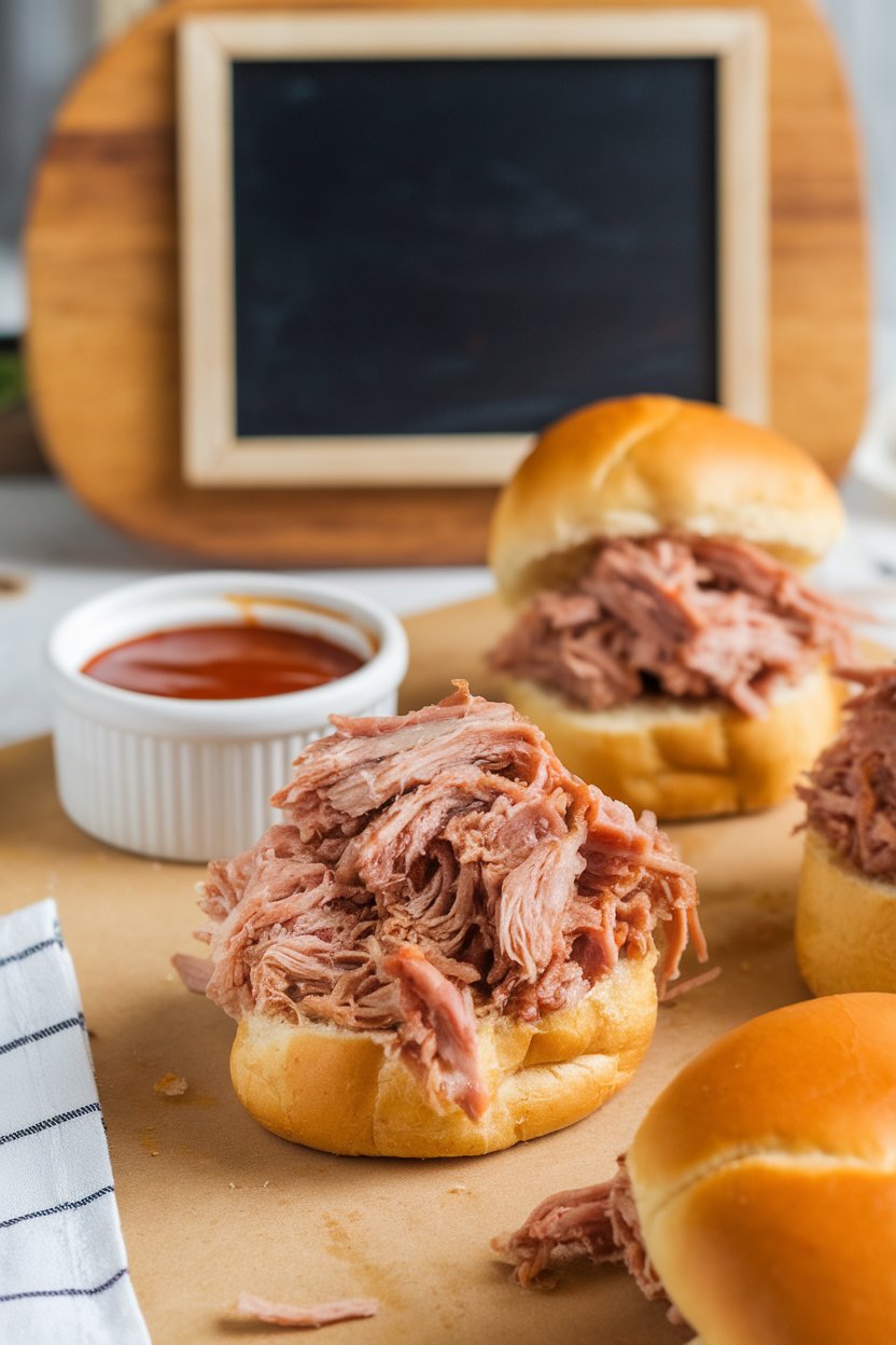 Indoor photo of pulled pork piled on mini brioche buns, a ramekin of barbecue sauce nearby, no text or logos.