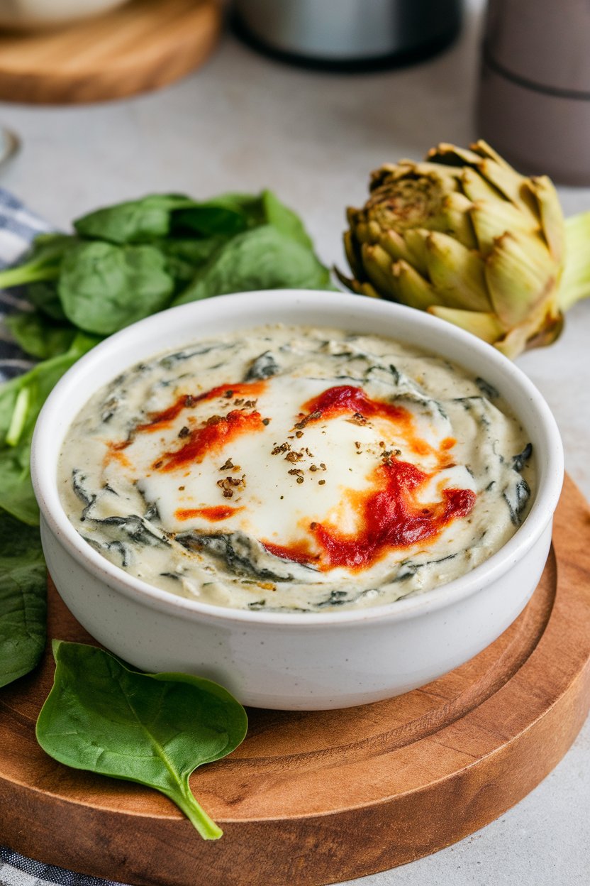 Indoor photo of a creamy soup with chopped spinach and artichoke hearts, topped with melted mozzarella; no logos or text.