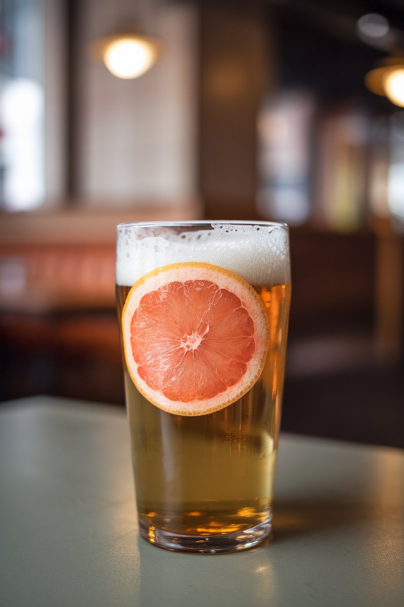 Indoor pub table with a pint glass half-filled with wheat beer and topped with fresh grapefruit juice, foamy head, no text or logos. Photo only.