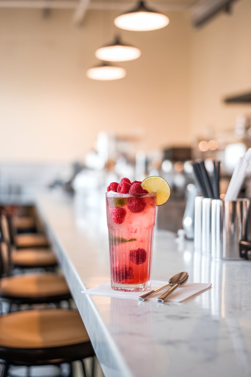 Indoor soda shop counter featuring a tall glass of pink soda with raspberries and lime wedge inside. No text or logos.