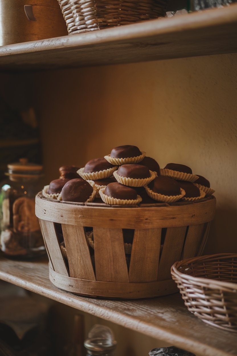 An indoor snack shelf with chocolate-coated moon pies stacked in a rustic basket. No text or logos. Photo.