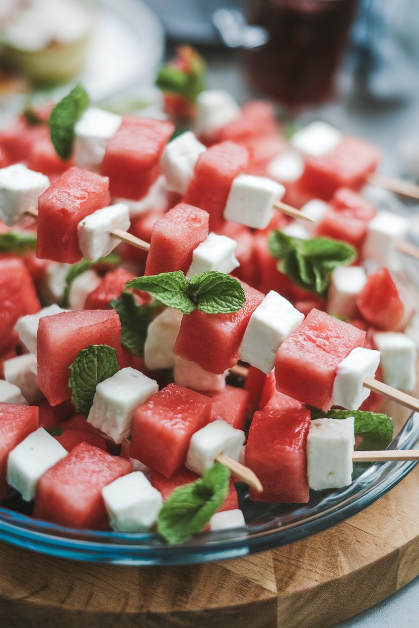 Indoor photo of alternating cubes of watermelon and feta on short skewers, mint leaves tucked between pieces, arranged on a chilled platter. No text or logos present.