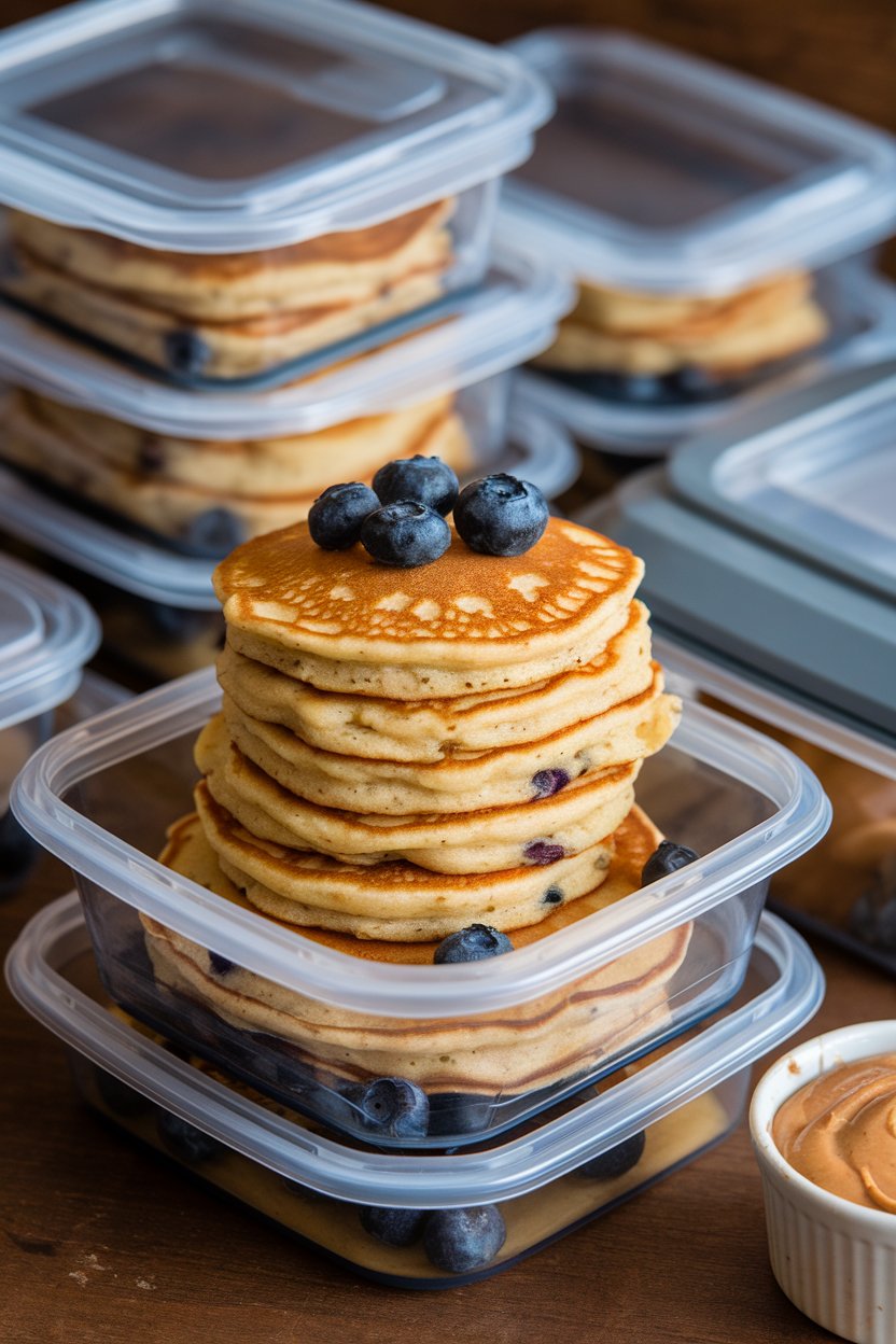 Photo indoors of a stack of cooked protein pancakes in meal-prep containers, with a small cup of almond butter on the side, no logos.