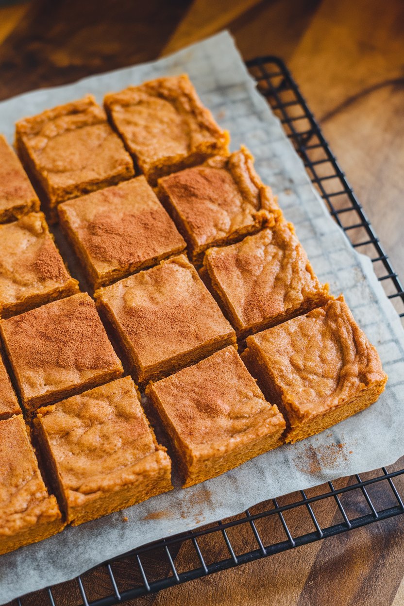 Indoor photo of square pumpkin oat bars neatly arranged on parchment paper on a cooling rack. No text or logos.
