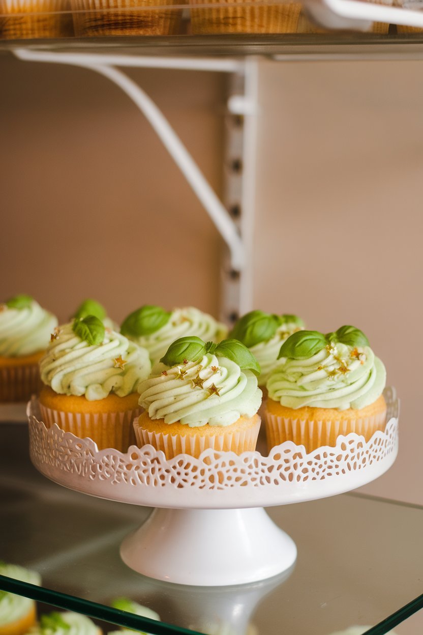 An indoor bakery shelf displaying lemon cupcakes with pale green basil-infused frosting and a candied basil leaf garnish. Photo only, no text or logos.
