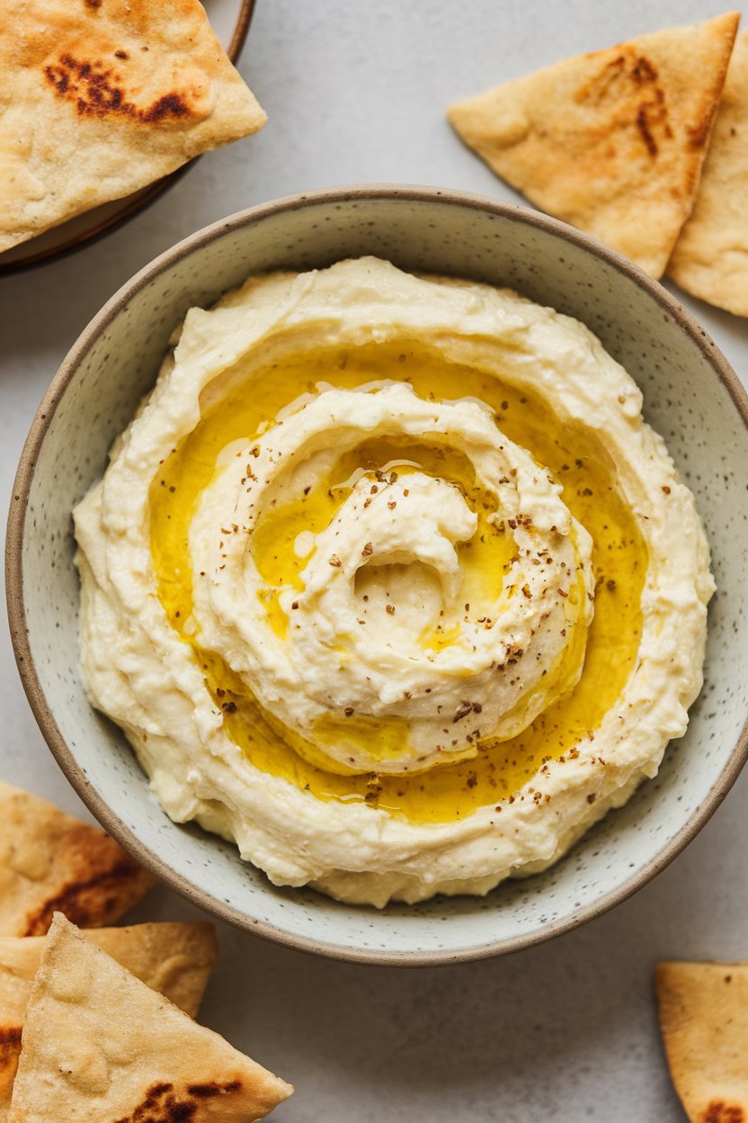 Photo taken indoors of a shallow bowl containing fluffy lemon-feta whip drizzled with olive oil, pita chips beside it. No text or logos visible.