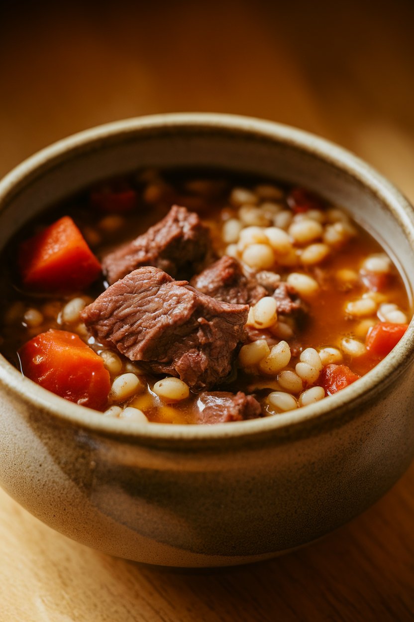 Indoor shot of a stoneware bowl filled with beef and barley soup—chunks of stew beef, pearl barley, carrots, and tomatoes in a deep brown broth, captured at a slight angle under warm light. No text or logos. Photo.