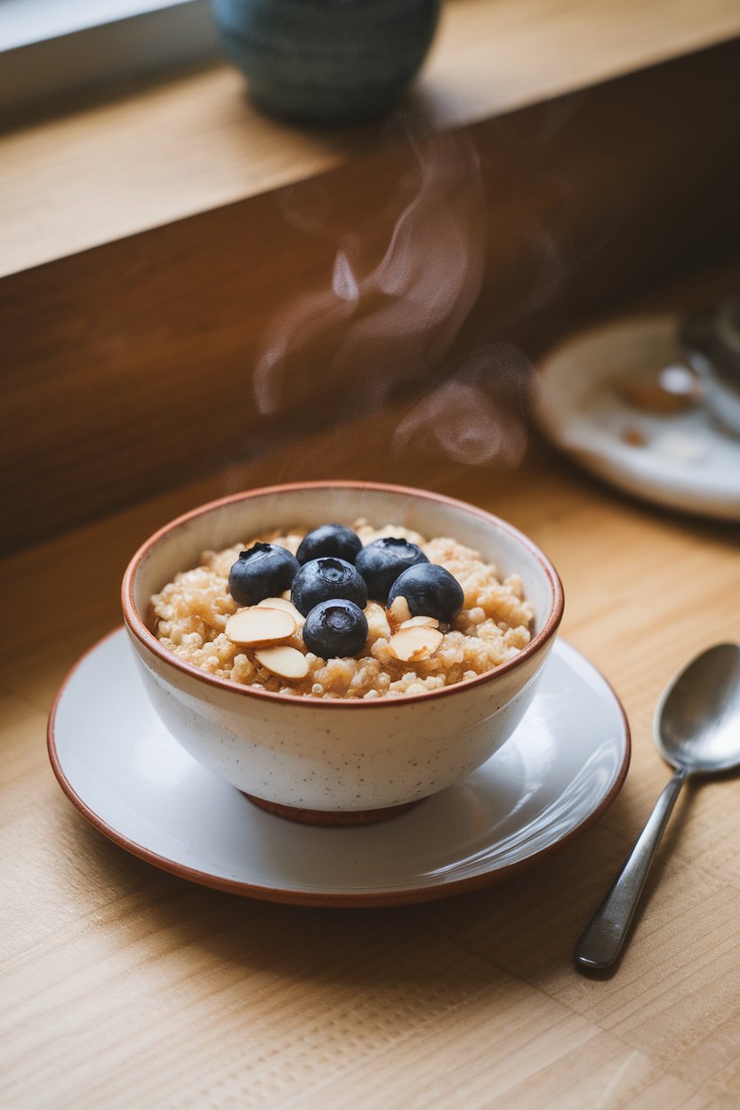 An indoor ceramic bowl of steaming quinoa porridge topped with sliced almonds and blueberries, spoon resting on the saucer. No text or logos visible. Photo, not illustration.