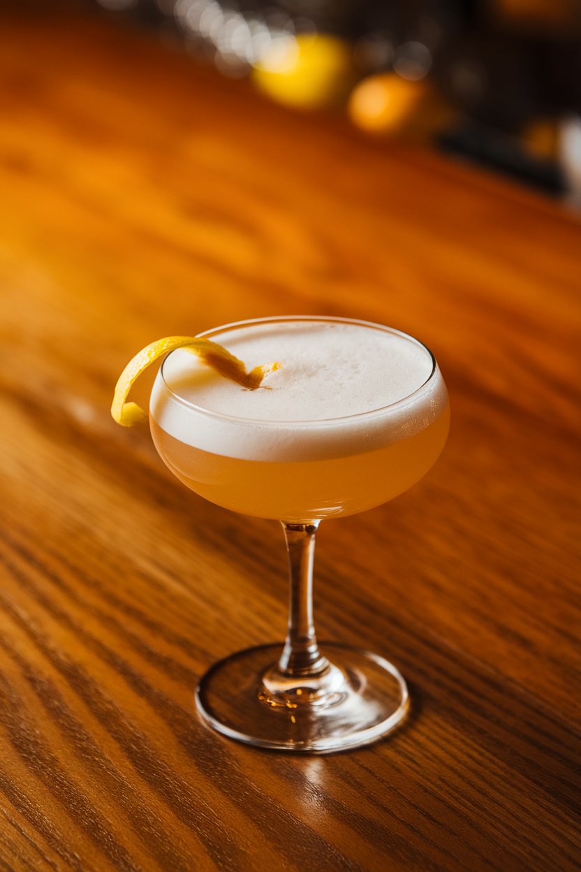 An indoor wooden bar top with a frothy whiskey sour in a coupe glass, lemon twist resting on the foam, warm ambient lighting, no text or logos visible. Photo only.