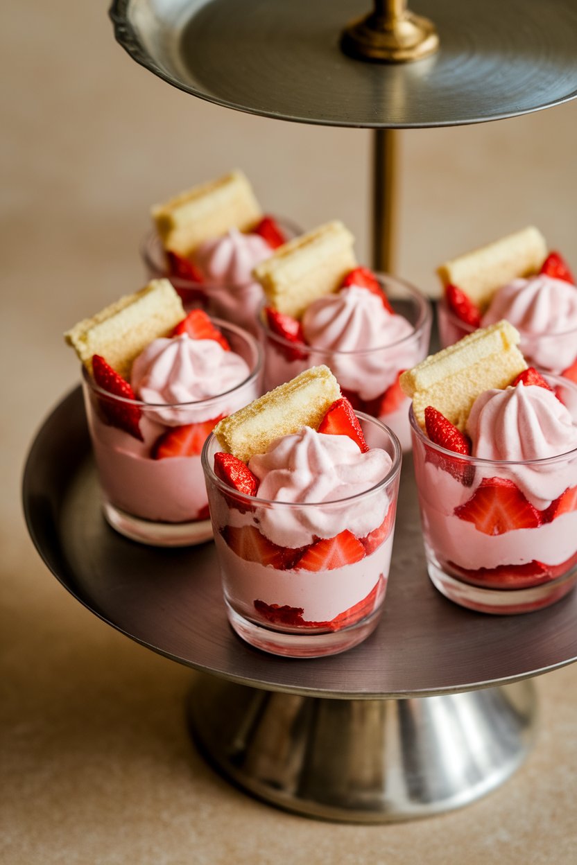Small glass cups layered with pink mascarpone cream, strawberry slices, and ladyfinger pieces, sitting on an indoor serving tray. No branding in view.