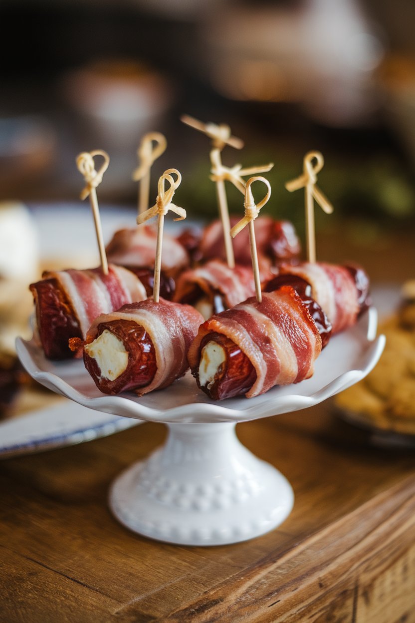 Photo of bacon-wrapped dates on a small white serving plate indoors, toothpicks inserted for easy grabbing, no text or logos