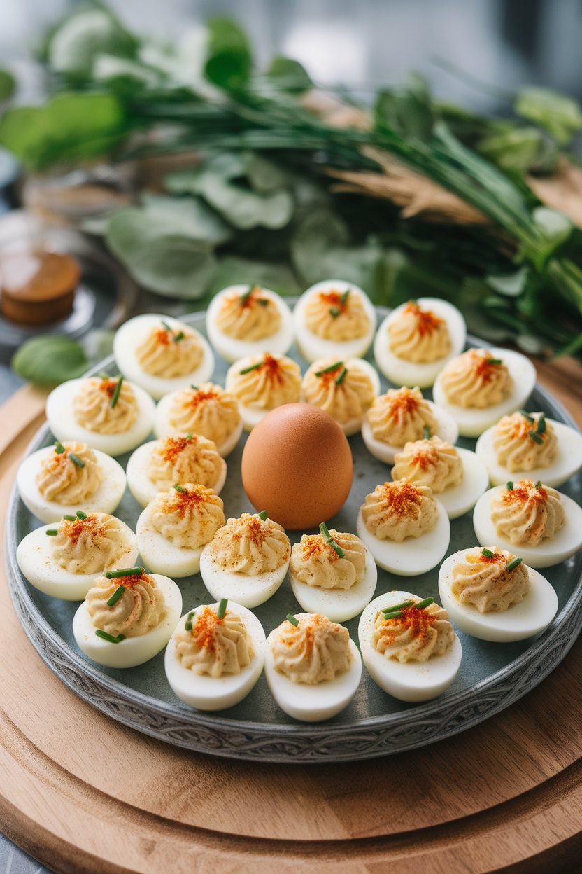 An indoor platter of halved deviled eggs topped with paprika and chives, no logos or text present.