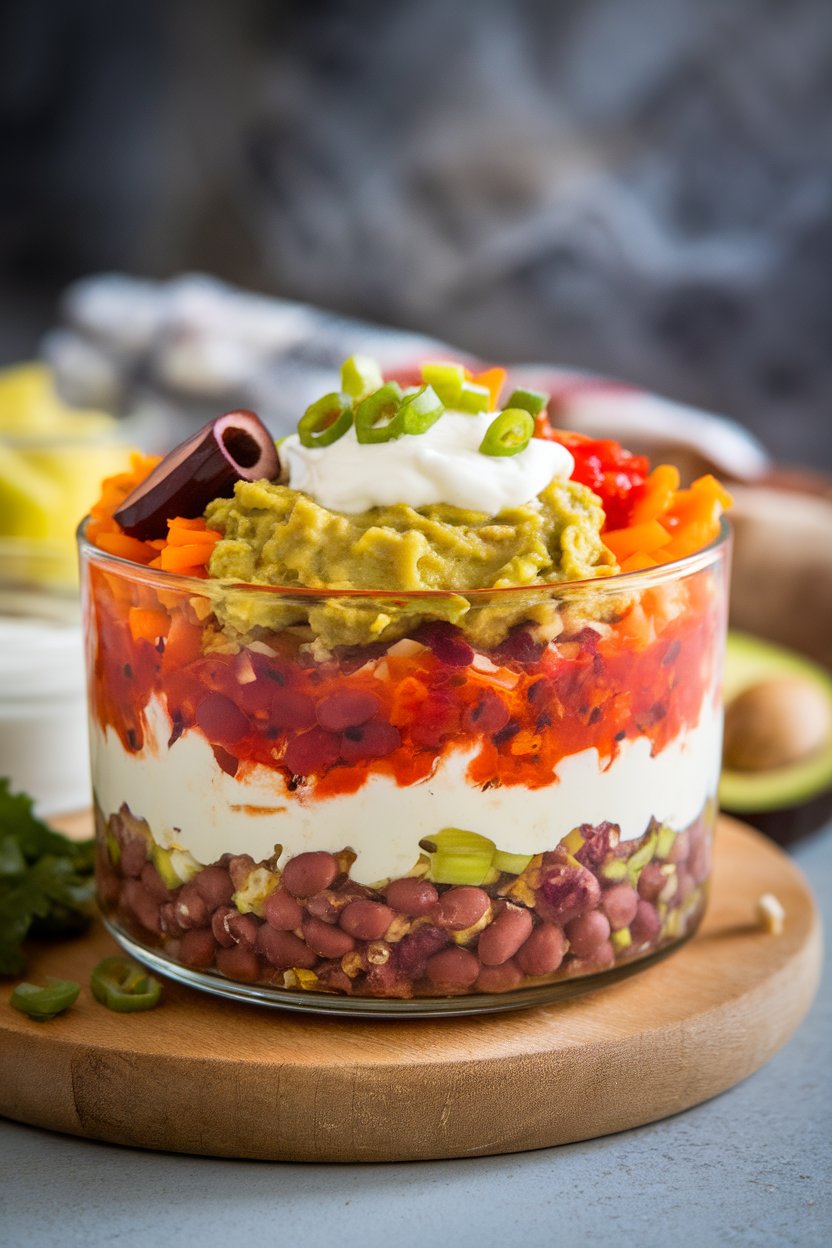 Indoor photo of a glass dish showing colorful layers of refried beans, guacamole, sour cream, salsa, cheese, olives, and scallions. No text or logos.
