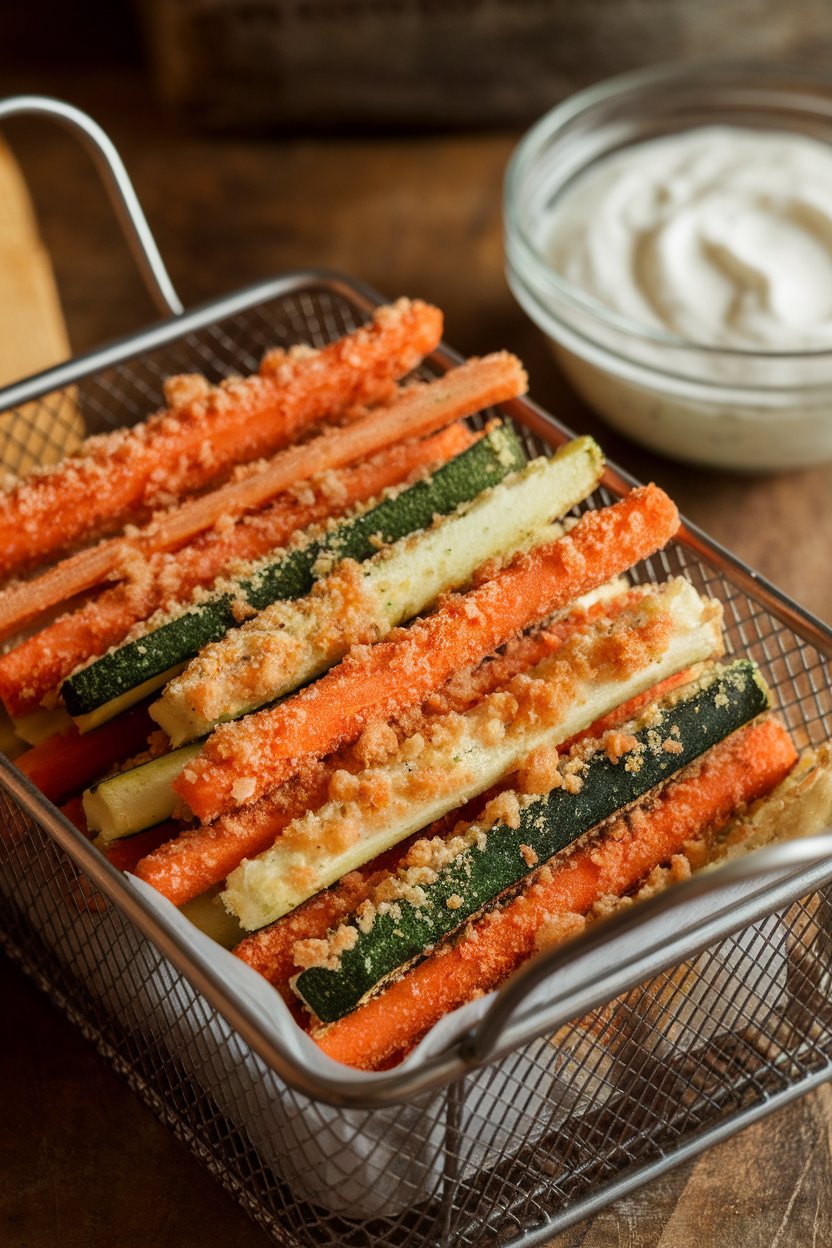 Indoor photo of carrot and zucchini sticks coated in light breadcrumbs, baked and stacked in a metal basket with yogurt ranch on the side. No text or logos present.