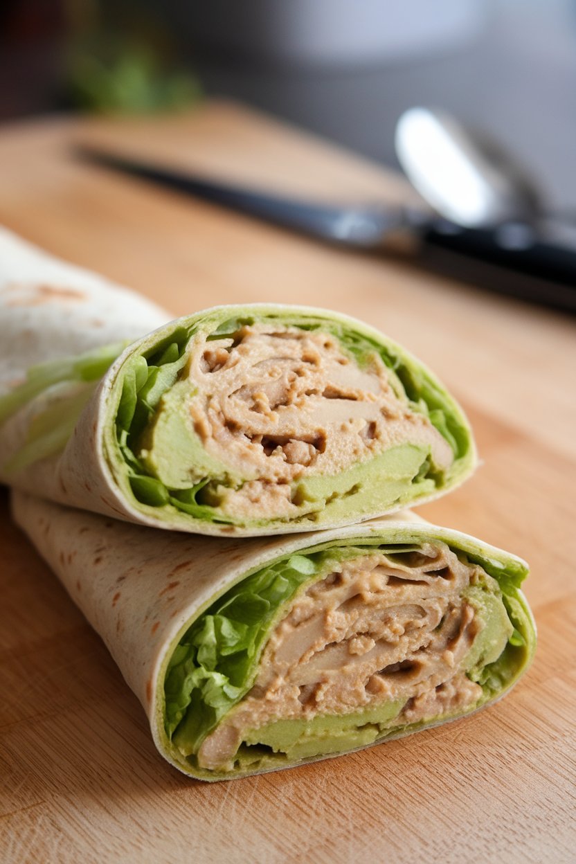A sliced wrap on an indoor cutting board showing a creamy green filling of avocado and mashed white beans with shredded lettuce. No text or logos present.