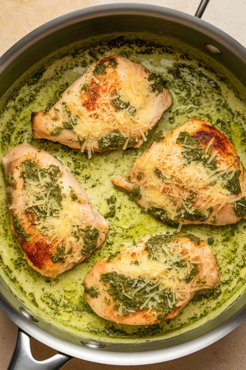 Indoor photo of chicken pieces simmering in green creamy pesto sauce inside a skillet, melted Parmesan on top, no text or logos