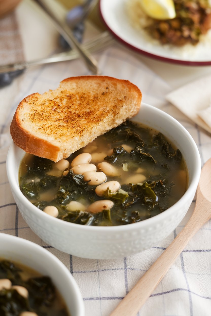 A cozy indoor scene with a bowl of brothy kale and white bean soup, crusty garlic toast resting on the rim. No text or logos. Photo, not illustration.