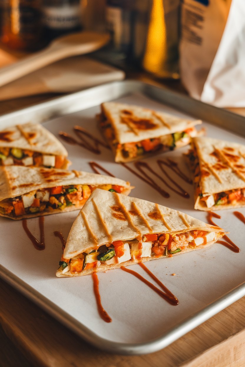 Sheet pan with tofu-and-vegetable quesadilla wedges, sriracha drizzle visible, indoor lighting, no branding.