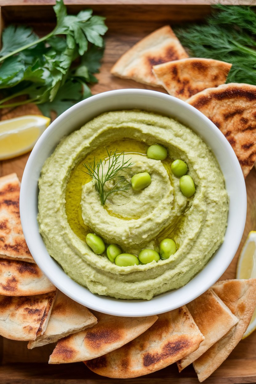 Indoor photo of a shallow bowl of pale green edamame hummus drizzled with olive oil, surrounded by toasted whole-wheat pita triangles. No logos or text visible.