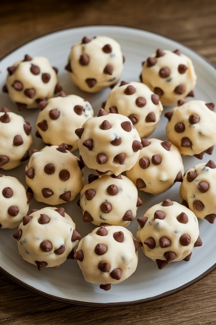 Indoor photo of round edible cookie dough bites with mini chocolate chips, arranged on a plate. No text or logos.