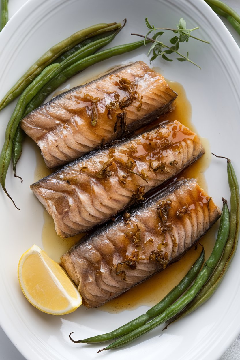 Indoor photo of cooked trout fillets glazed in maple-soy blend with roasted green beans dotted around, lemon wedge aside. No text or logos present.