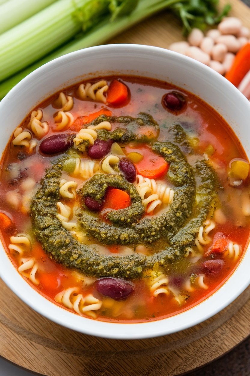 An indoor soup bowl of colorful minestrone with a swirl of basil pesto, ditalini pasta visible. No text or logos.