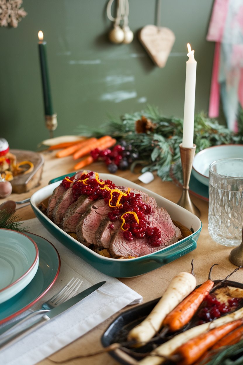 Indoor holiday table with beef slices topped by ruby cranberry sauce and orange zest. No text or logos.