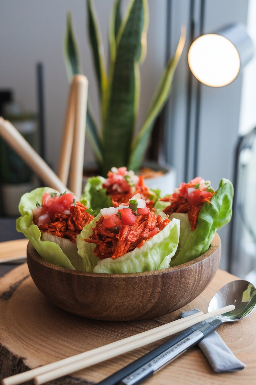 An indoor dining scene with butter lettuce cups filled with shredded spicy beef and pico de gallo; no text or logos; photograph.