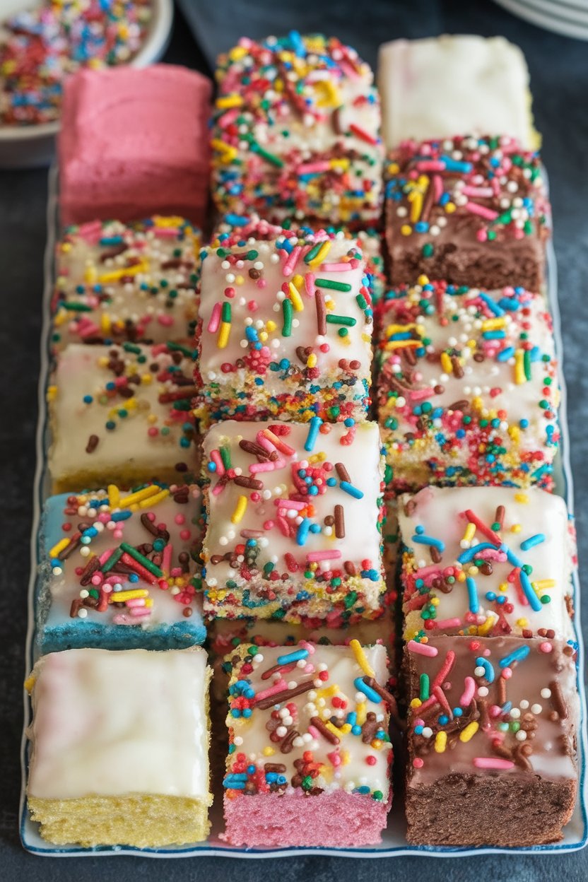 Indoor photo of colorful sprinkle-filled cake squares with vanilla glaze, lined on a rectangular platter. No text or logos.