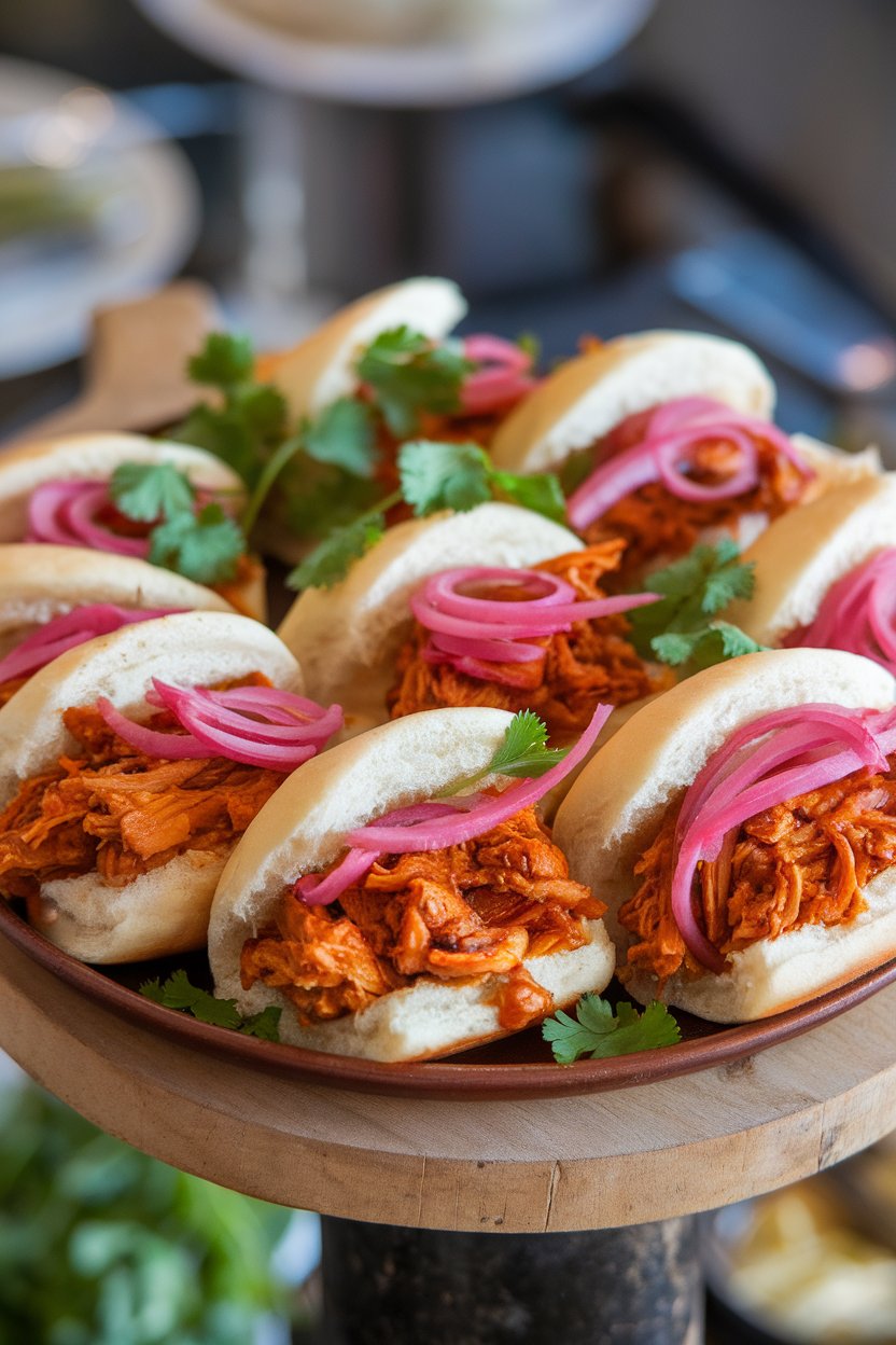 Indoor photo of small buns filled with saucy pulled jackfruit and pickled onions on a platter. No text or logos.