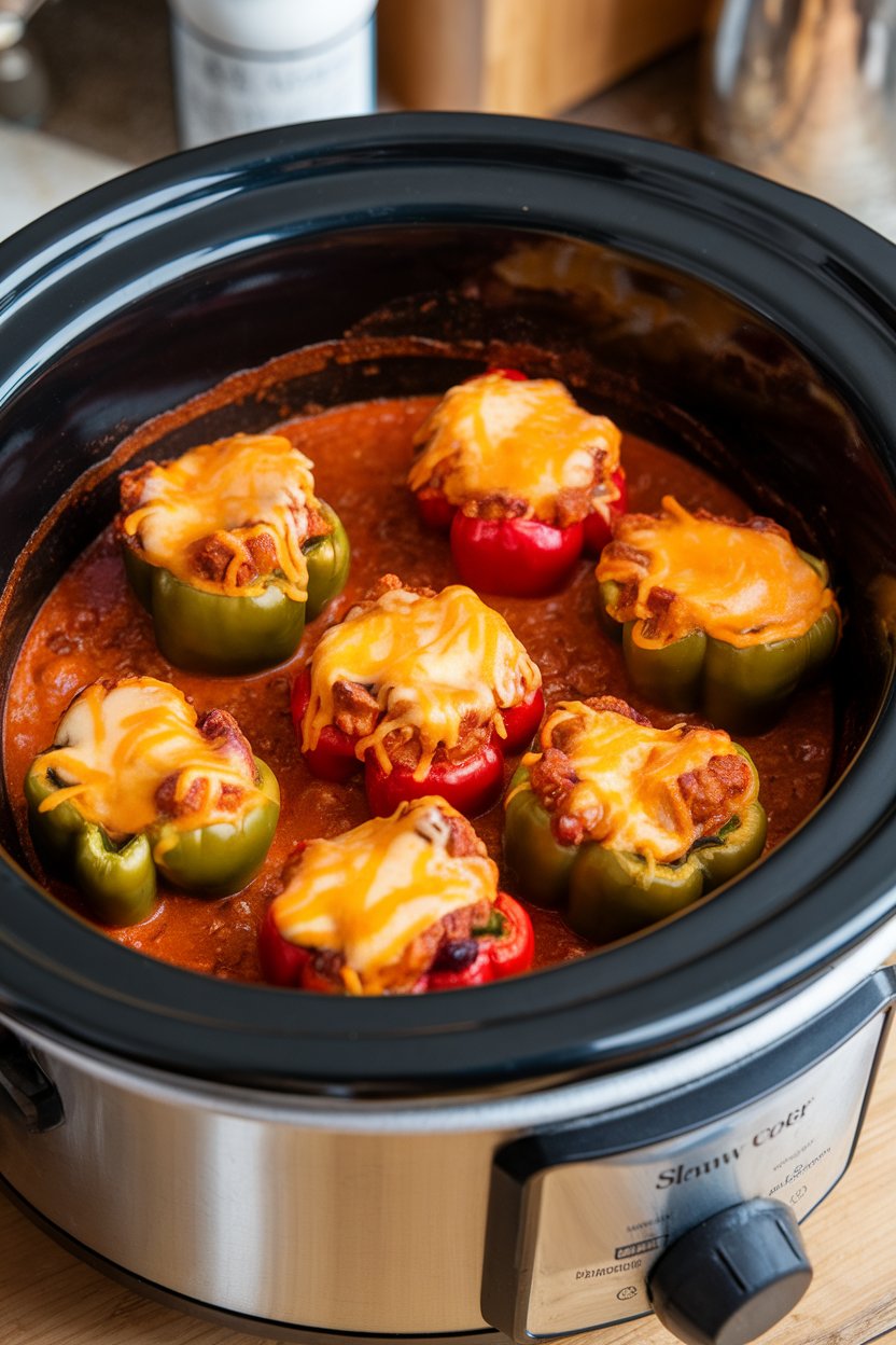 An indoor slow cooker insert filled with mini bell peppers brimming with hearty no-bean chili, cheese melted on top; no branding anywhere.
