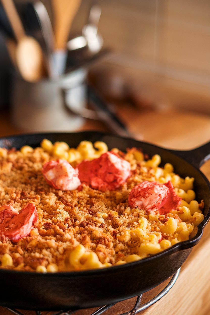 Indoor photo of a skillet filled with bubbling macaroni and cheese studded with lobster chunks, browned breadcrumb topping, no text or logos