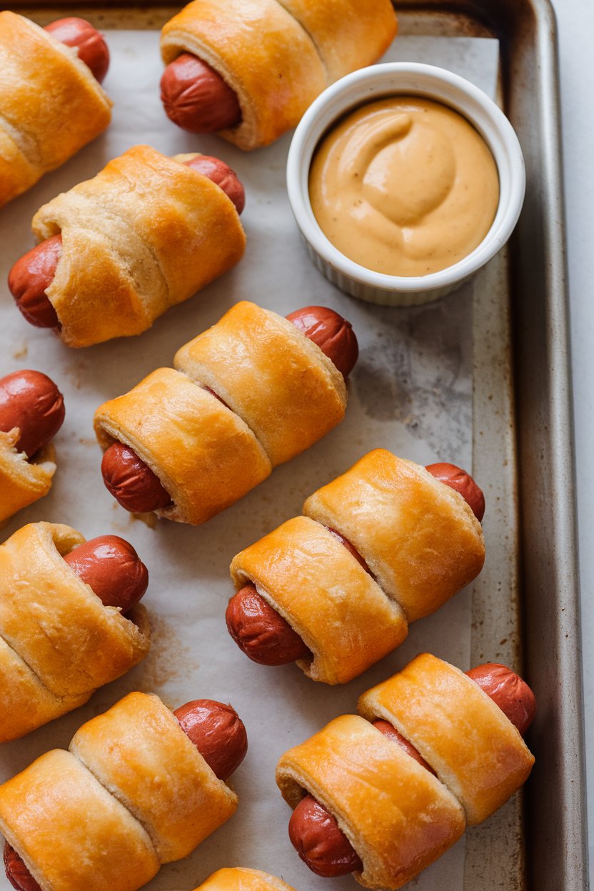 Indoor baking tray with golden crescent-wrapped mini hot dogs beside a ramekin of mustard, no text or logos. Photo only.