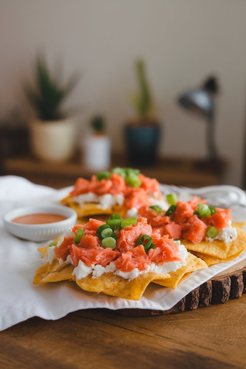 Indoor table with nachos topped with flaked sesame-ginger salmon, mozzarella, and green onions; no text or logos, photo not illustration.